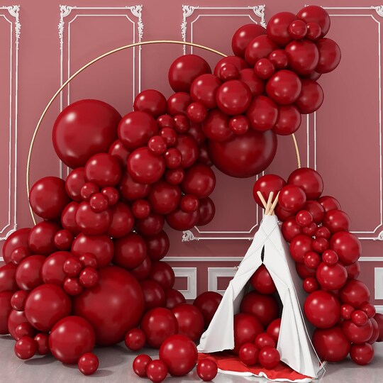 Greentek; Red Balloons Double Stuffed, Ruby Red Balloon Garland Kit Dark Red Latex Balloons Different Sizes 18/12/10/5 Inch Burgundy Maroon Red Balloon Arch for Birthday Wedding Valentine Day Party Decorations; Category:Latex Balloons; Image:1